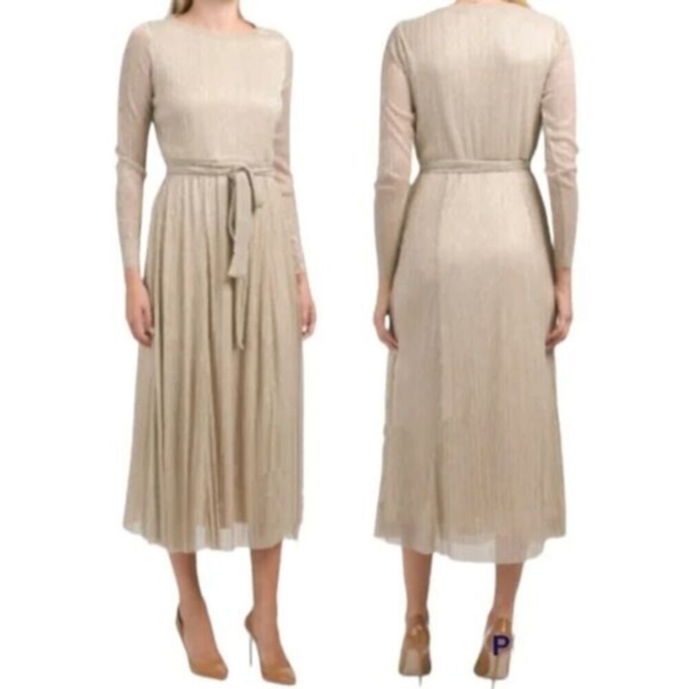 New! Anne Klein Women's Tan/Gold Metallic Longsleeve Dress Size 12